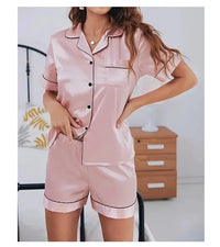 Summer Silk Satin Women Pajamas Set Button Down Top & Shorts 2 Pieces Sleepwear Notched Collar Nightwear Loungewear for Women