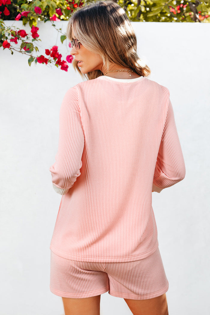 Pink Corded Colorblock Long Sleeve Top and Shorts Set