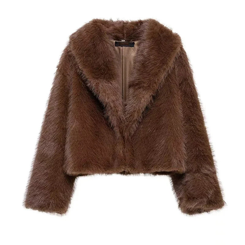 Brown Lapel Faux Fur Short Coat Women Fluffy Long Sleeve Warm Thick Loose Jacket 2024 Autumn Winter Lady High Street Outwear ﻿