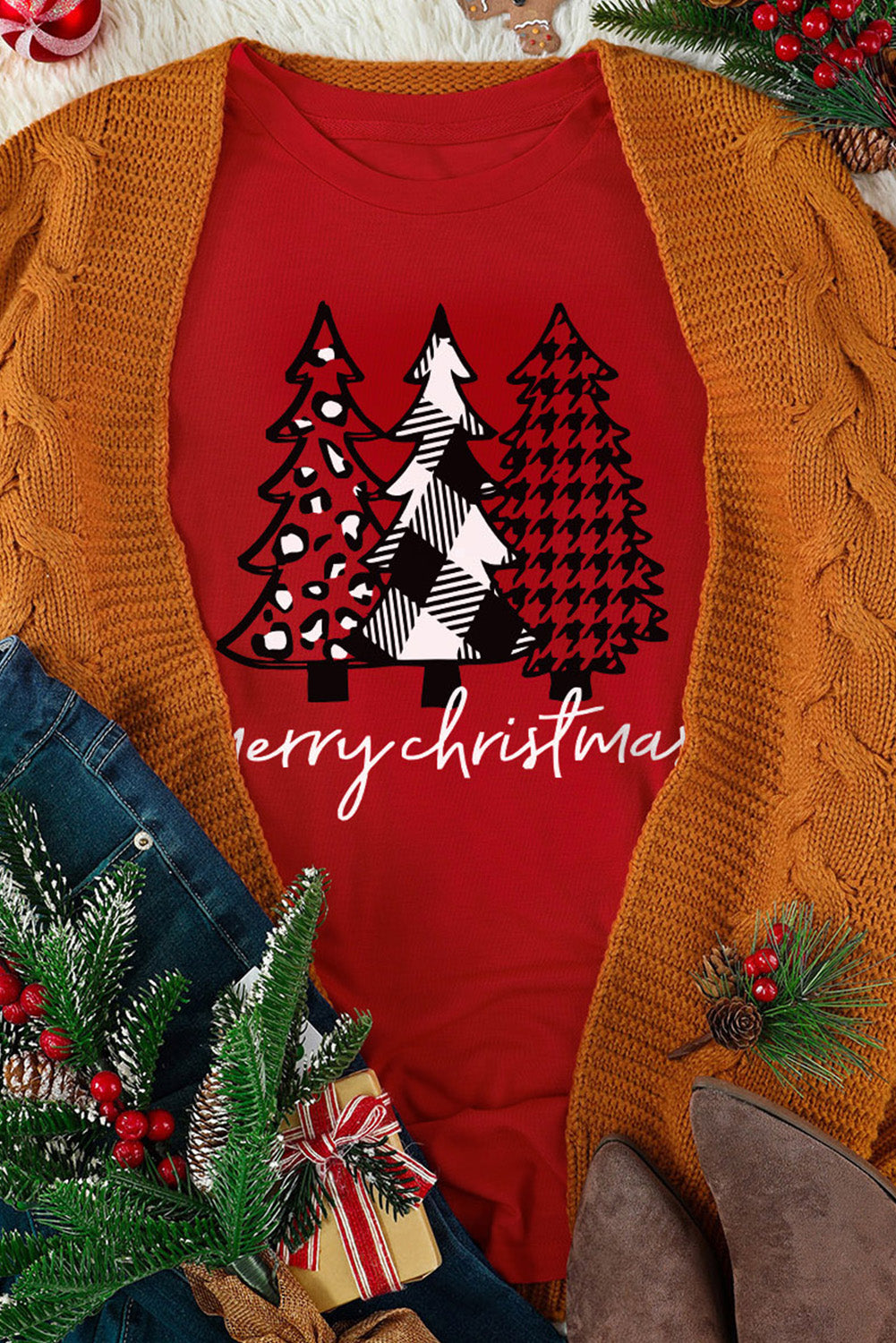 Fiery Red Merry Christmas Trees Graphic T Shirt