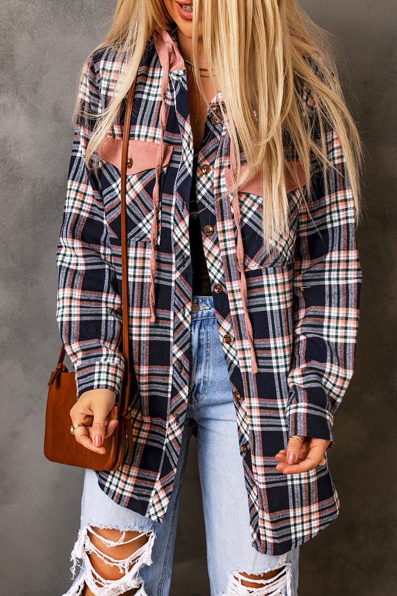 Bluing Contrast Hooded Drawstring Plaid Shacket