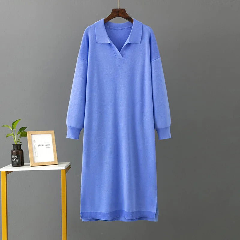 HLBCBG New Straight Autumn Winter Long Sweater Dress Women Split Side Long POLO Neck Maix Sweater Dress Female Basic Loose Dress