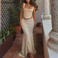 WhereMery Aesthetic Square-neck Bandage Backless Tank Top With Lace Texture Mesh See-through Party Long Skirts Club Outfit