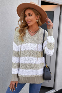 Apricot Color Block Side Slit Knitted Hooded Sweater