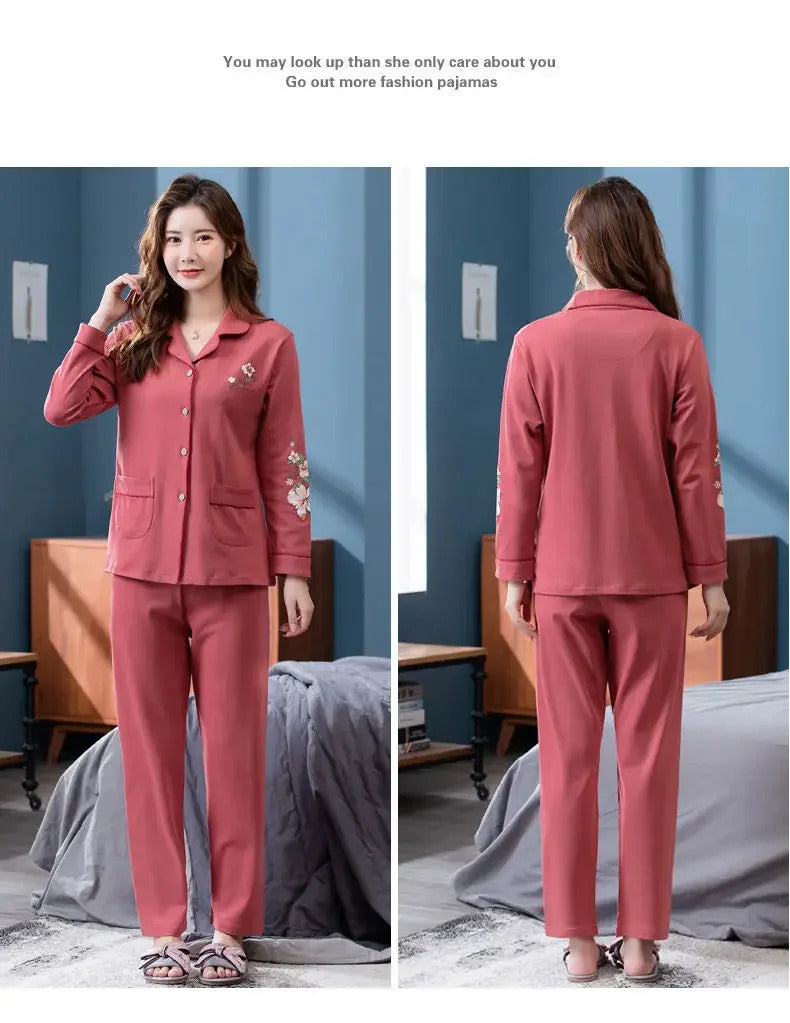 100% Cotton Long Sleeve Cardigan Pajama Set For Middle-aged Elderly Women Autumn Outer Wear Homewear