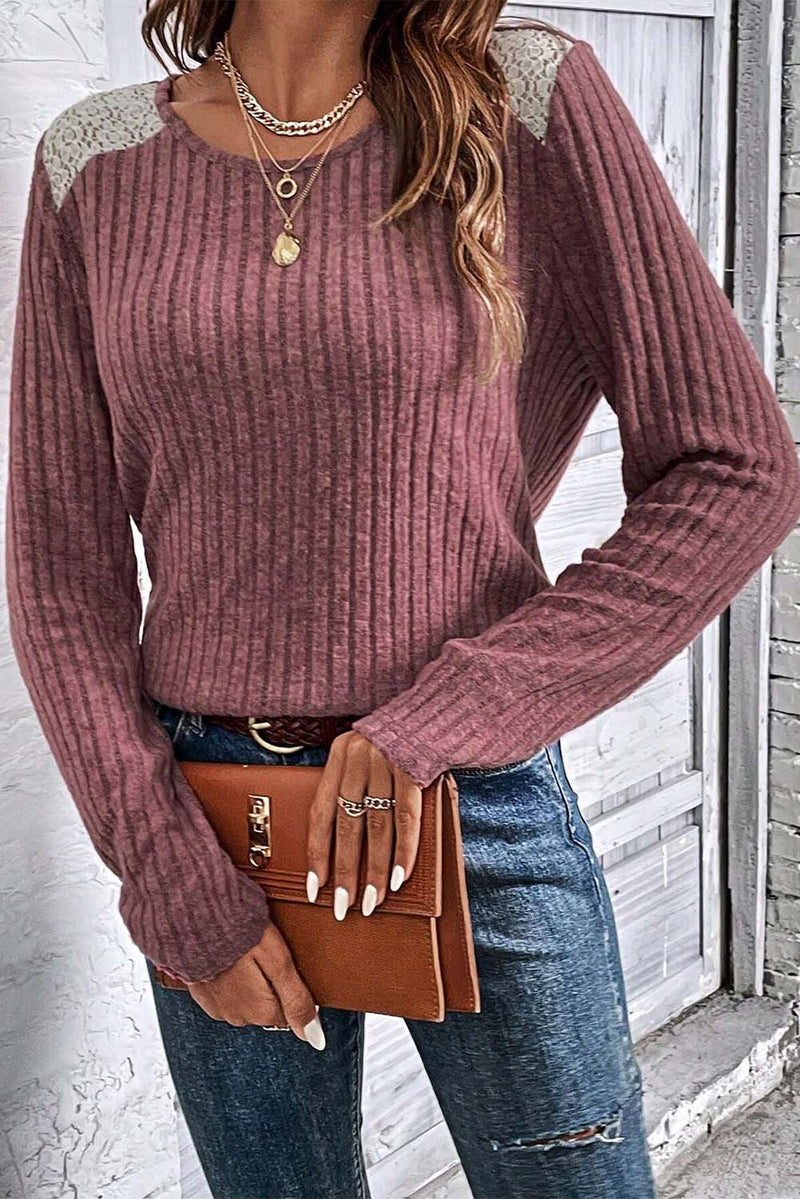 Pink Ribbed Knit Lace Patch Shoulder Casual Sweater