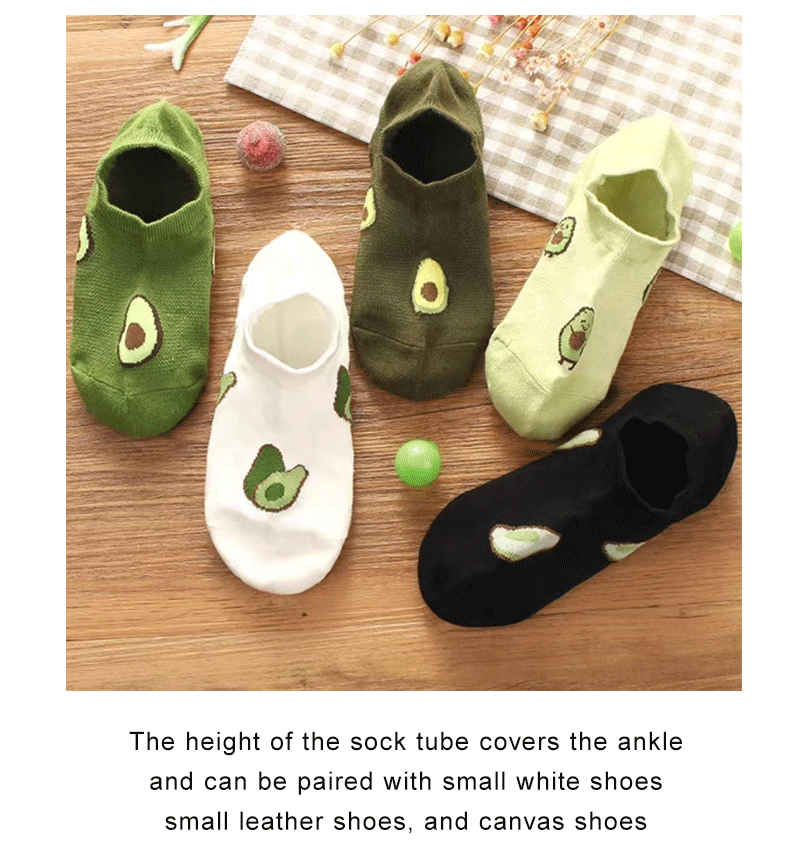 5 Pairs Avocado Crew Ankle Socks Cartoon Fresh Fashion Breathable Summer And Autumn Kawaii Comforts Women's Low Cut Boat Socks