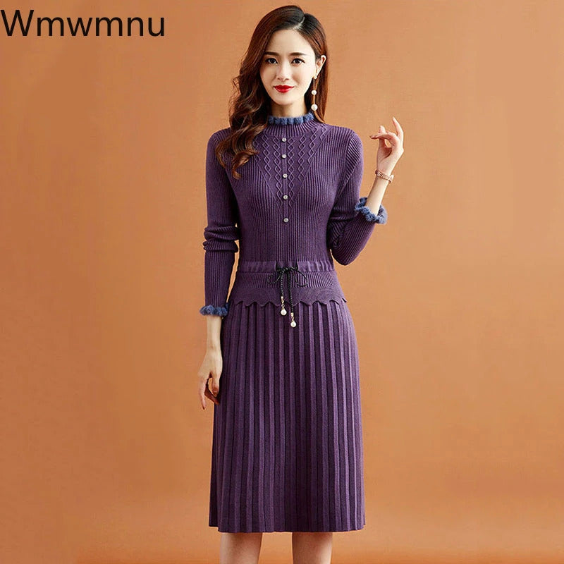 Pleated Knitted Dress Bottoming Sweater Dresses Fake Two Pieces Women Vintage Elegant Long Sleeve Fall Casual Slim Midi Vestidos