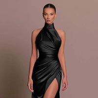 Women Elegant Long Evening Cocktail Party Dress Sexy Halter Backless Ruched High Split Bodycon Wedding Guest Bridesmaid Dress