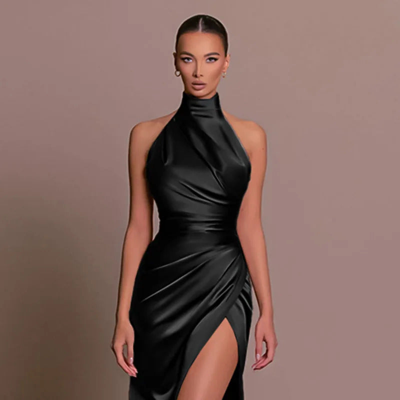 Women Elegant Long Evening Cocktail Party Dress Sexy Halter Backless Ruched High Split Bodycon Wedding Guest Bridesmaid Dress