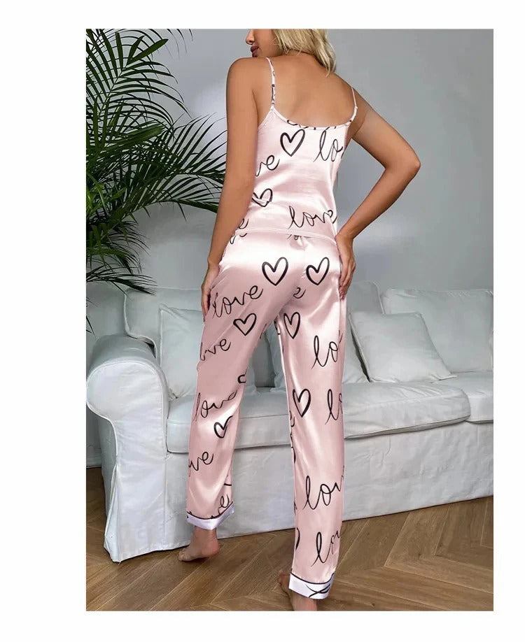 Women Satin Silk Pajamas Sets Letter Print Cami Vest Shirt With Trouser Sleepwear Ladie Sexy Pajama Lingerie Pyjamas Nightwear