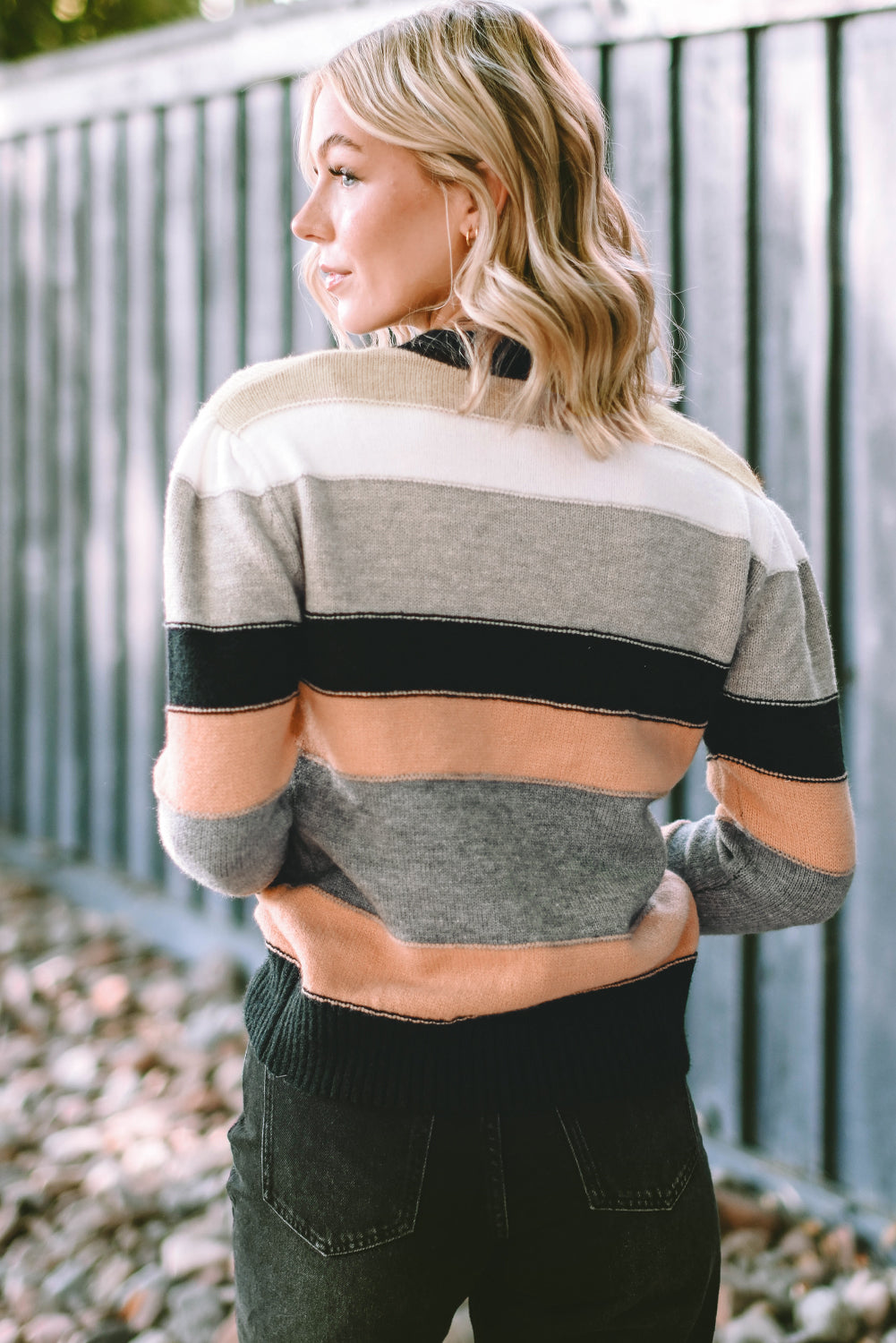 Gray Striped Color Block Casual Sweater