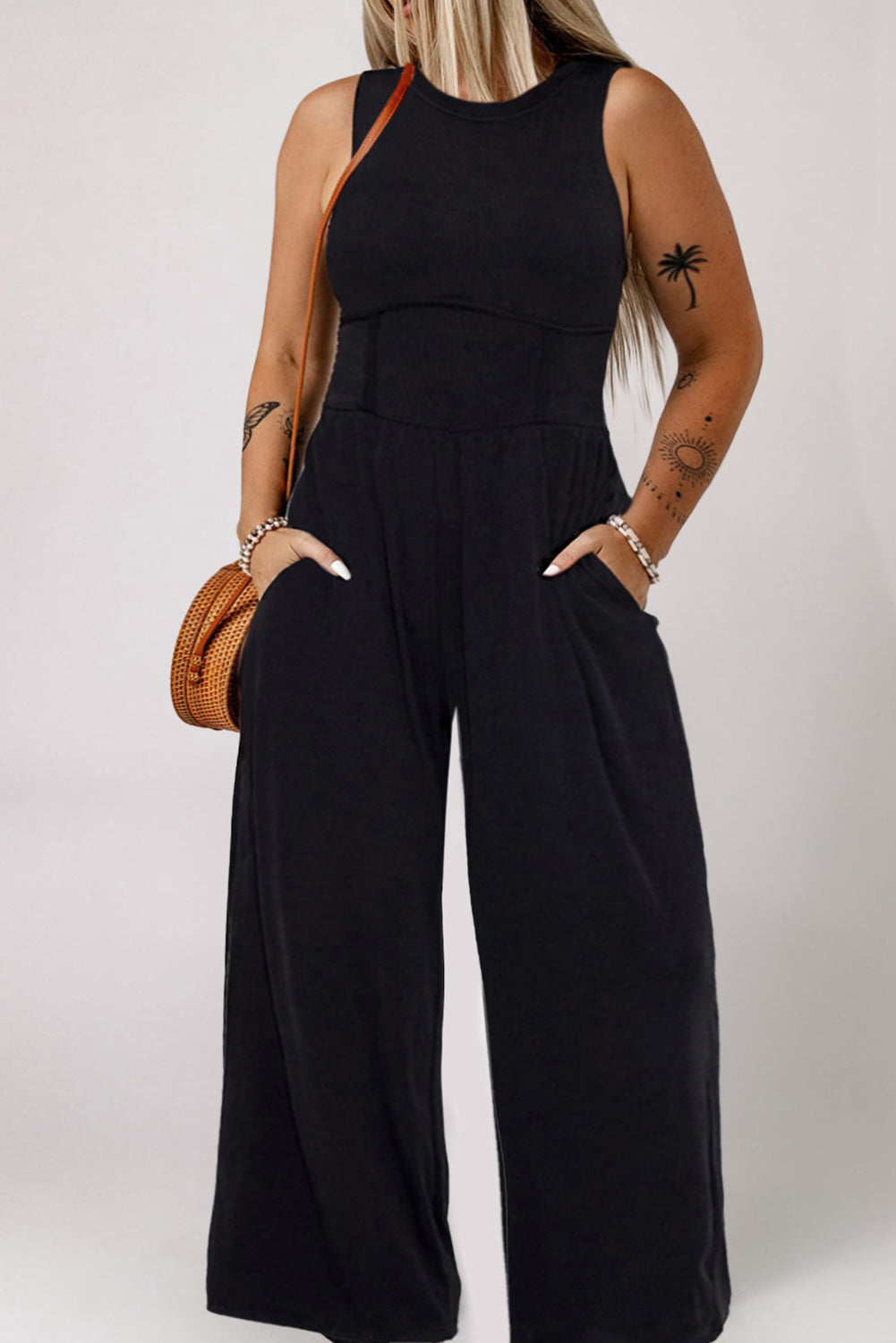 Black Plus Size Sleeveless Cinched Waist Wide Leg Jumpsuit