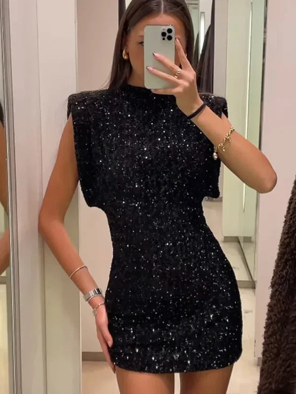 2024 New Fashion Sequin Mini Dress for Women Elegant O-Neck Fly Sleeve Shiny Short Dress Female Chic Club Evening Party Vestidos