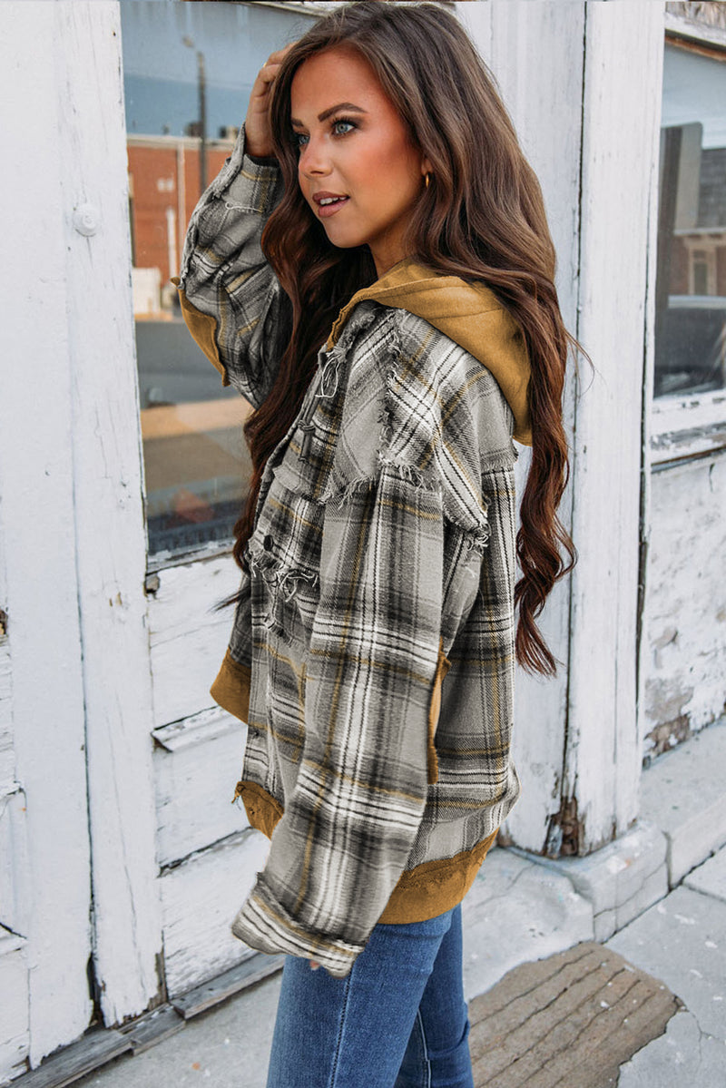 Medium Grey Plaid Patch Hooded Frayed Snap Button Jacket