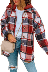 Green Hooded Plaid Button Front Shacket