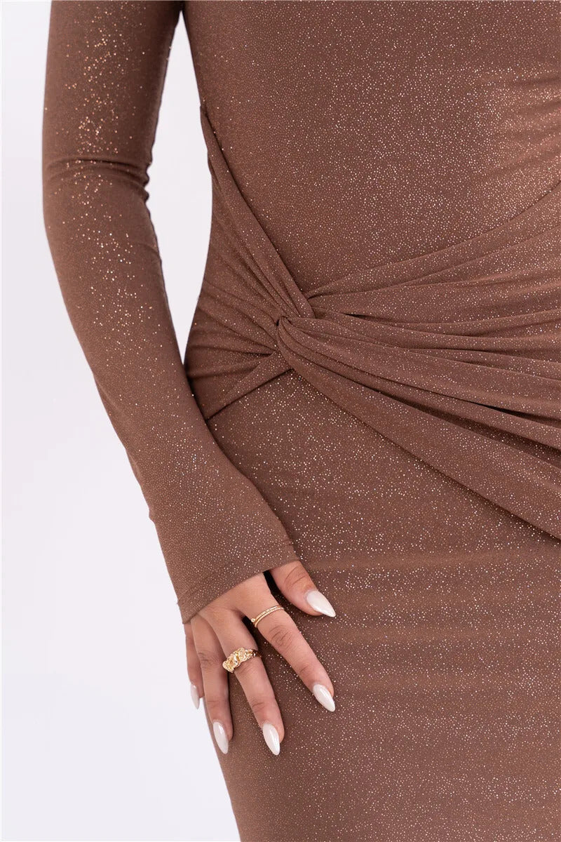 Mozision Sparkle Long Sleeve Sexy Maxi Dress For Women Inclined Shoulder Backless Bodycon Ruched Club Party Sexy Long Dress