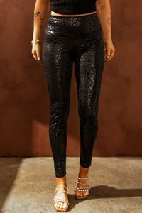 Black Shiny Leopard Textured Leggings