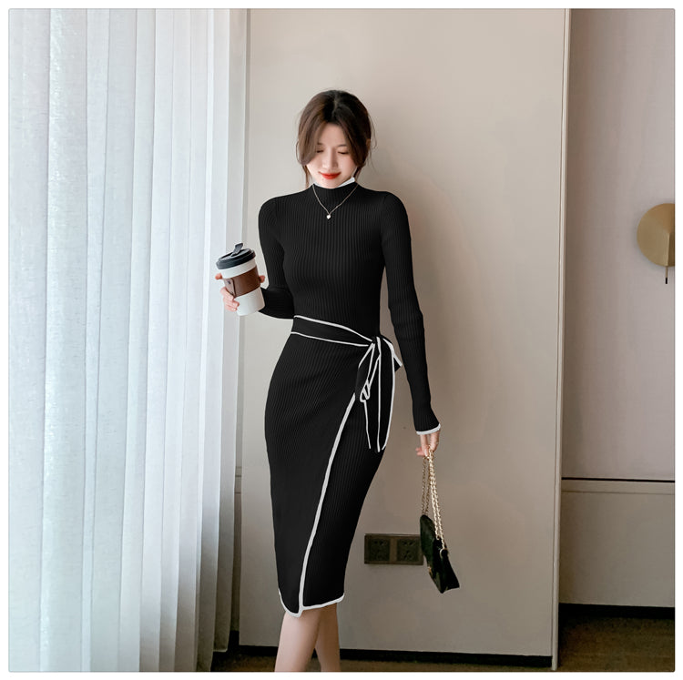 Women Knitted Dress New Autumn Winter Slim Lace-Up Long Sleeve Bottoming Sweater Skirt Elegant Fashion Office Female Vestidos