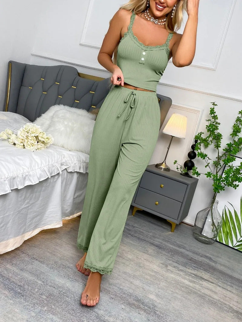 Women's Sexy Pajamas Set 2024 Summer Ribbed Sleeveless Top Long Pants Sleepwear 2 Piece Set For Women Home Casual Suspender Suit