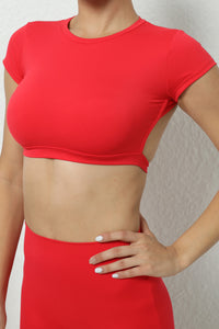 Fiery Red Solid Color Short Sleeve Backless Active Crop Top