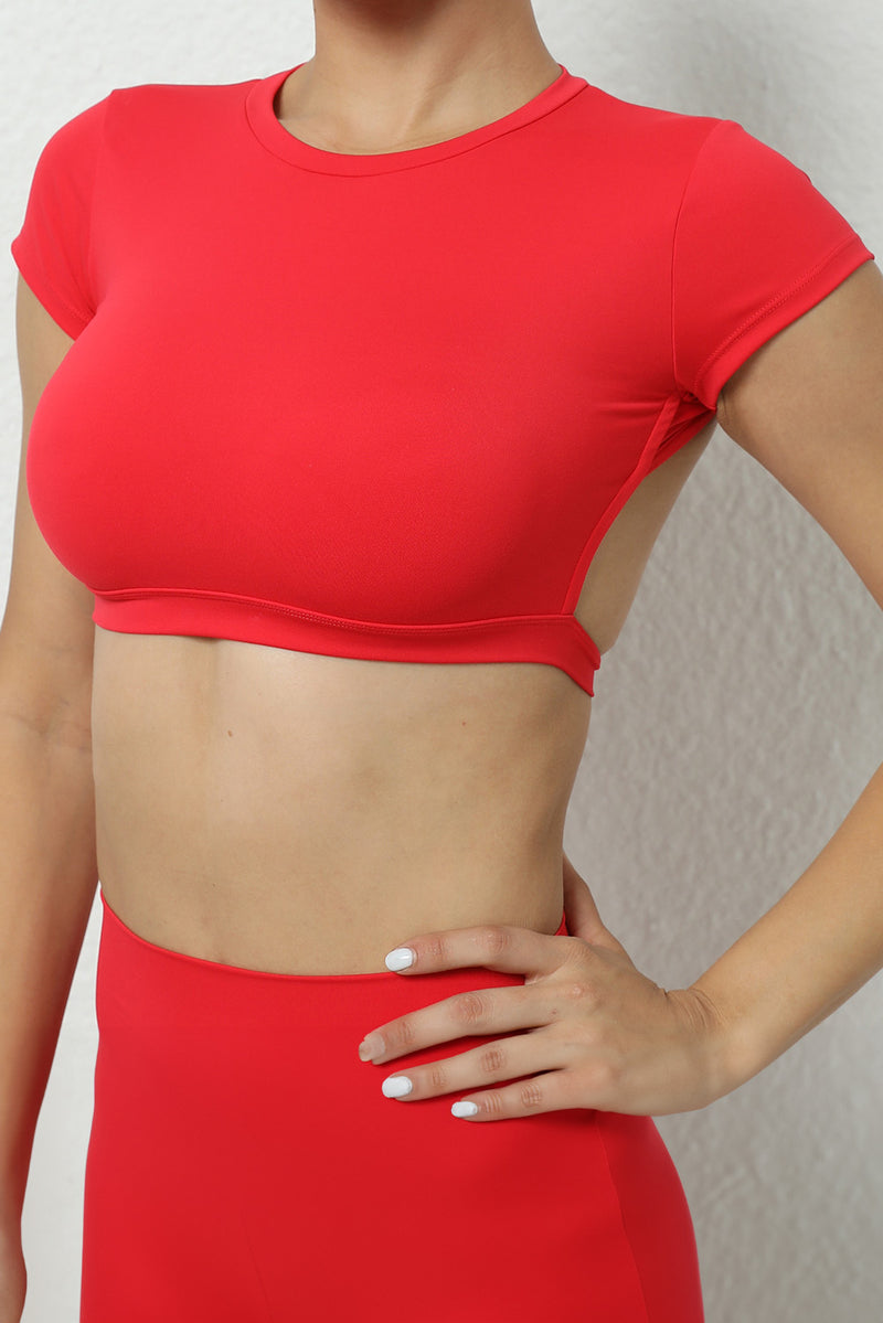 Fiery Red Solid Color Short Sleeve Backless Active Crop Top