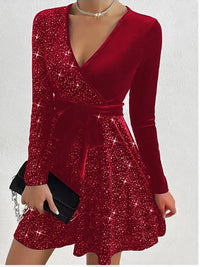 Sexy Deep V-Long Sleeved Sequined Dress Women's Party Solid Mini Dresses Elegant Autumn Evening Gown Dress