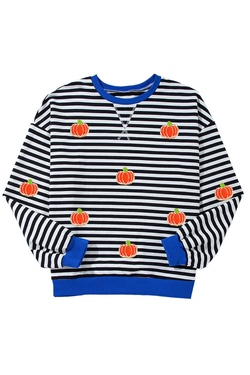 Black Stripe Glitter Halloween Pumpkin Print Oversized Sweatshirt