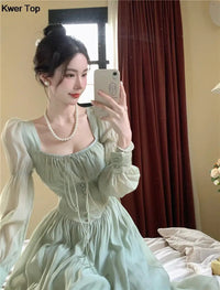 French Elegant Lantern Sleeve Lace Up Midi Dress Summer Women Square Neck Evening Party Prom Robe Female Vestidos Mujer Autumn