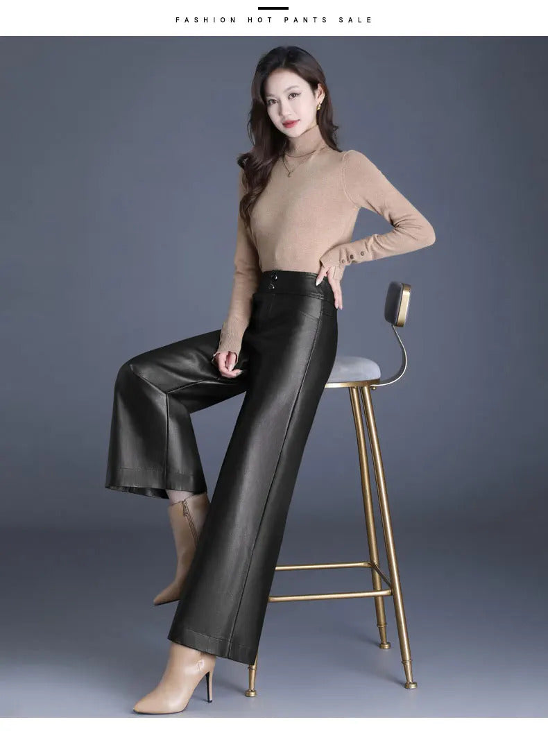 ZUZK High Quality Women PU Leather Wed Leg Pants  Autumn Winter Fashion Warm Long Leather Pants Elegant LeatherTrousers