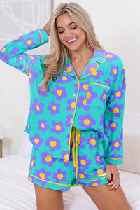 Green Flower Print Long Sleeve Shirt Shorts Pajamas Set