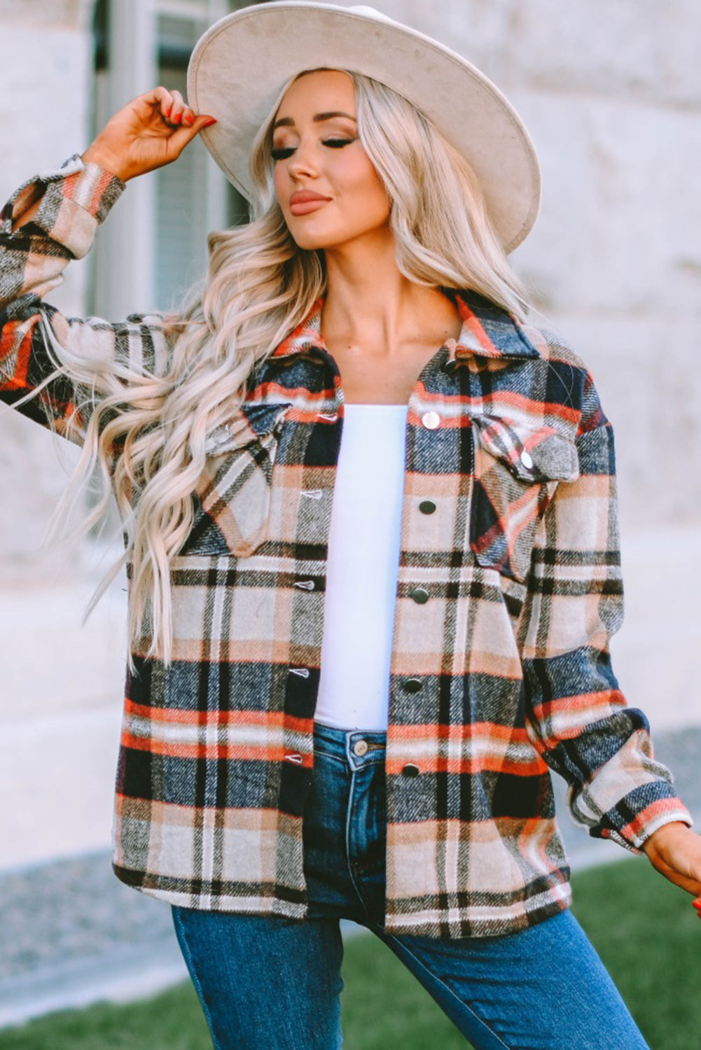 Khaki Geometric Plaid Print Pocketed Shacket