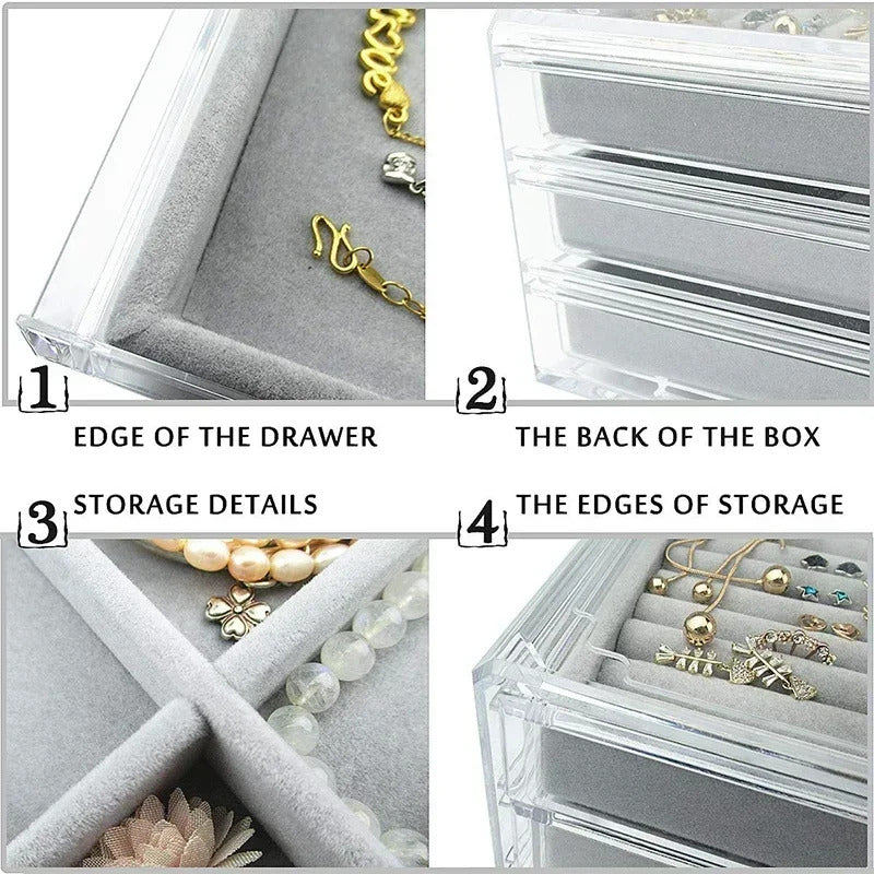 Acrylic Velvet Jewelry Organizer with 3 Drawers Stackable Display Storage Earrings Necklace Bracelets Box Holder Case for Women