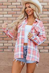 Pink Plaid Flap Pocket Button Up Shacket