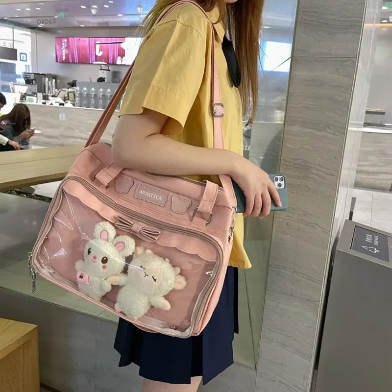 Japanese Cute Transparent Canvas Itabag Fashion Girls One Shoulder Bag Student Personality Crossbody Bag with Badge Doll Ita Bag