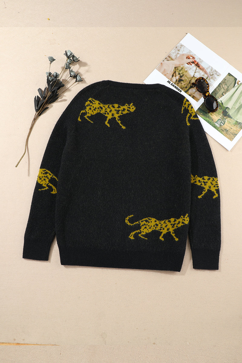 Black Cheetah Pattern Knit Round Neck Sweater