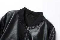 Women's Street fashion Faux Leather Bomber Jacket Stand Collar Black Short Leather Coat