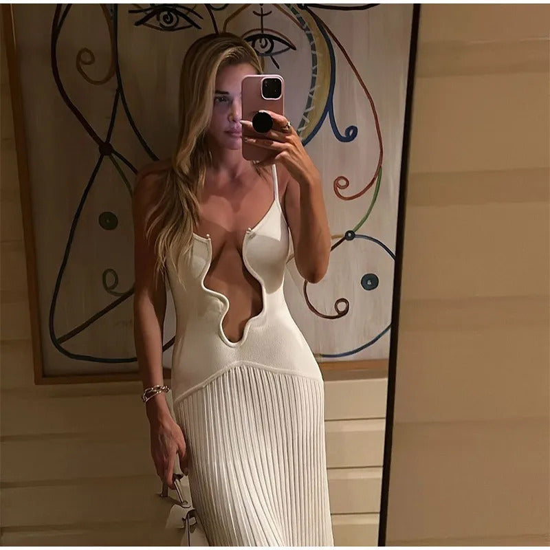 Elegant Cut Out White Long Dress For Women Fashion Patchwork Pleated Backless Sling Dresses Lady summer New Holiday Beach Robes