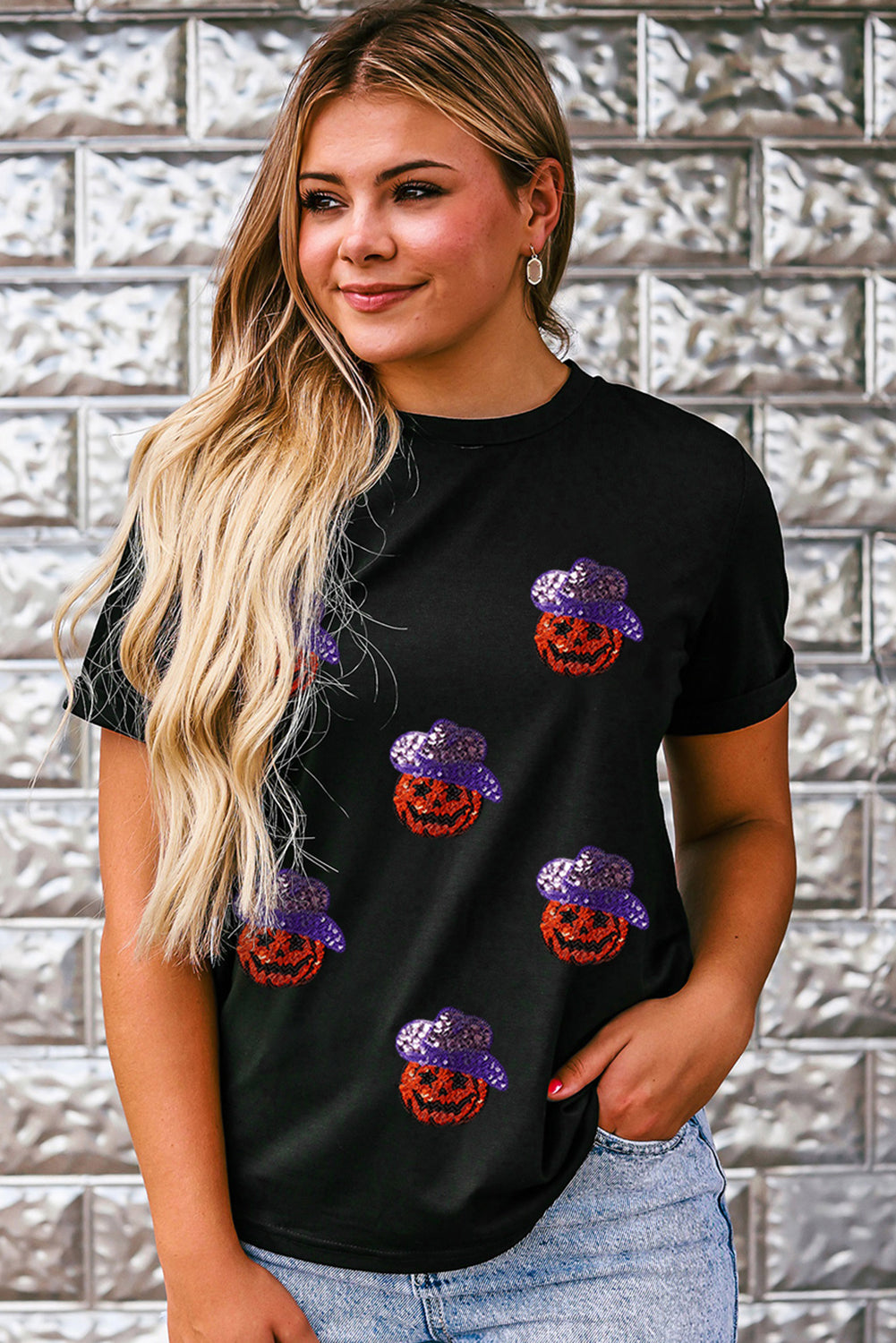 Black Sequin Hat Pumpkin Graphic Crewneck Halloween T Shirt