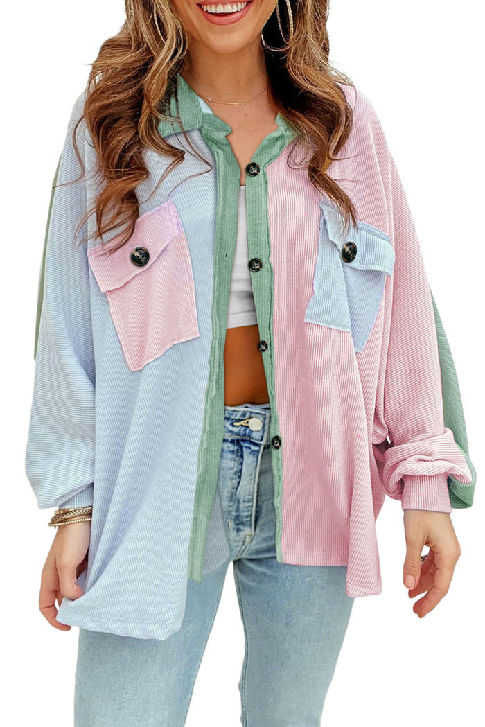 Multicolour Color Block Patchwork Corduroy Pocketed Jacket