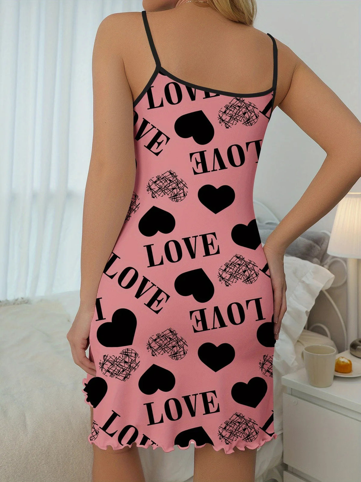 1 Piece Casual & Comfy Heart & Letter Print Nightdress, Lettuce Trim Sexy Slip Short Nightdress, Women's Sleepwear & Dresses