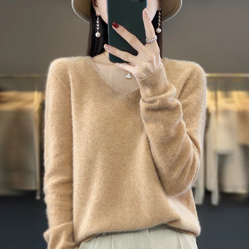 100% pure wool cashmere sweater women's V-neck pullover casual knit top autumn and winter women's coat Korean fashion