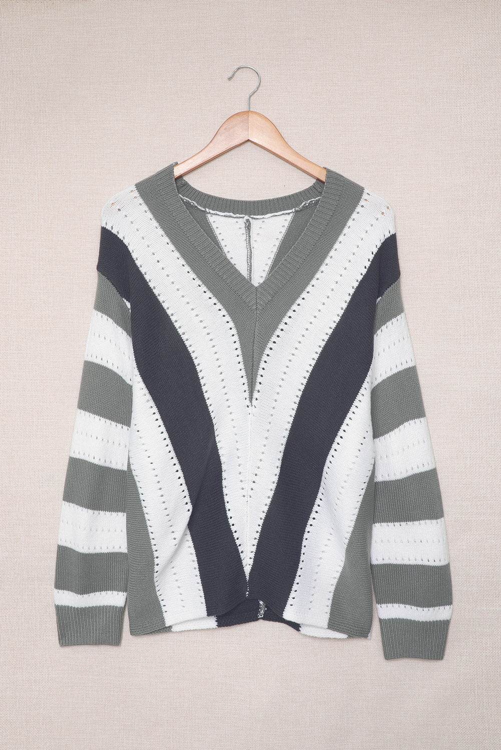 Gray Striped Colorblock V Neck Knitted Sweater