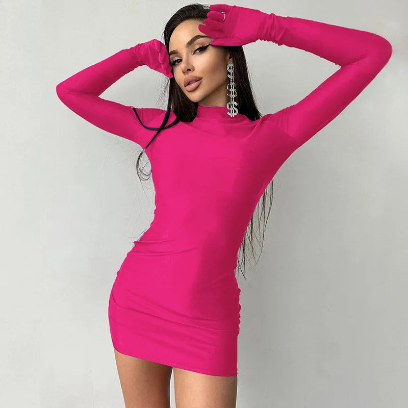 Solid Long Sleeve With Gloves Mini Dress Bodycon Sexy Streetwear Party Half Turtleneck Outfits Y2K Clothes Wholesale