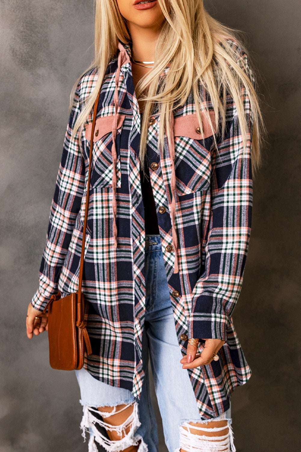 Bluing Contrast Hooded Drawstring Plaid Shacket