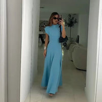 Chic Shoulder Pad Round Neck Solid Maxi Dress Women Elegant Sleeveless A-line Long Dresses 2024 Lady Fashion High Street Robes