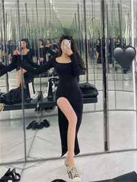 Sexy Side Slit Dress for Women Tight-fitting Wrap Hip Over-the-knee Long Sleeved Dresses Black Street Bodycon Spring Autumn