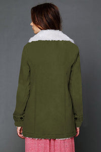 Green Gray Lapel Collar Button Fleece Jacket