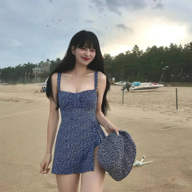 Sexy Korean Blue Swimwear Woman One Piece Swimsuits Dress Female Bandeau Monokini Bathing Swimming for Women Bathers 2024 New