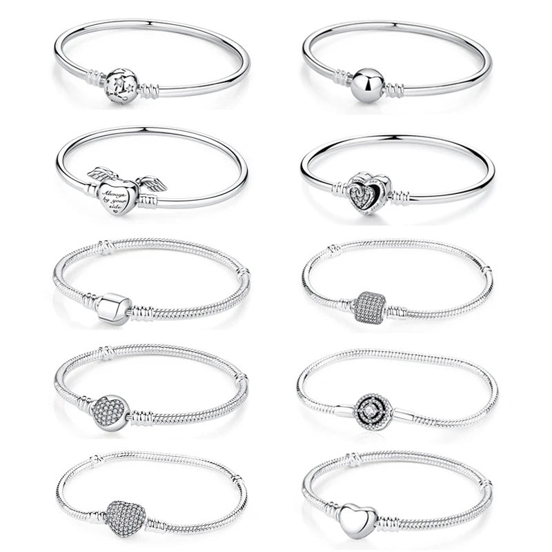 Original 925 Sterling Silver Bracelets Bangles Crystal Ball Love Heart Clasp Beads Charms Moments Bracelet For Women DIY Jewelry